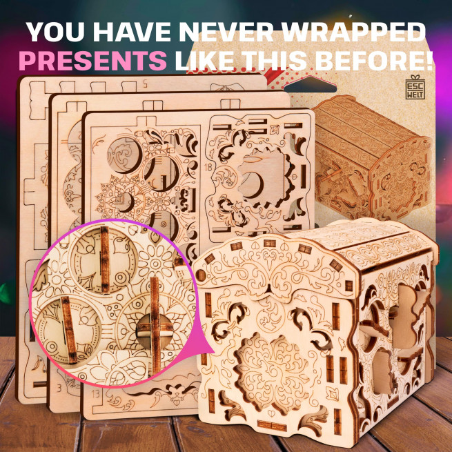 Images and photos of Wooden Secret TREASURE BOX, 3D PUZZLE KIT FOR SELF-ASSEMBLY. ESC WELT.