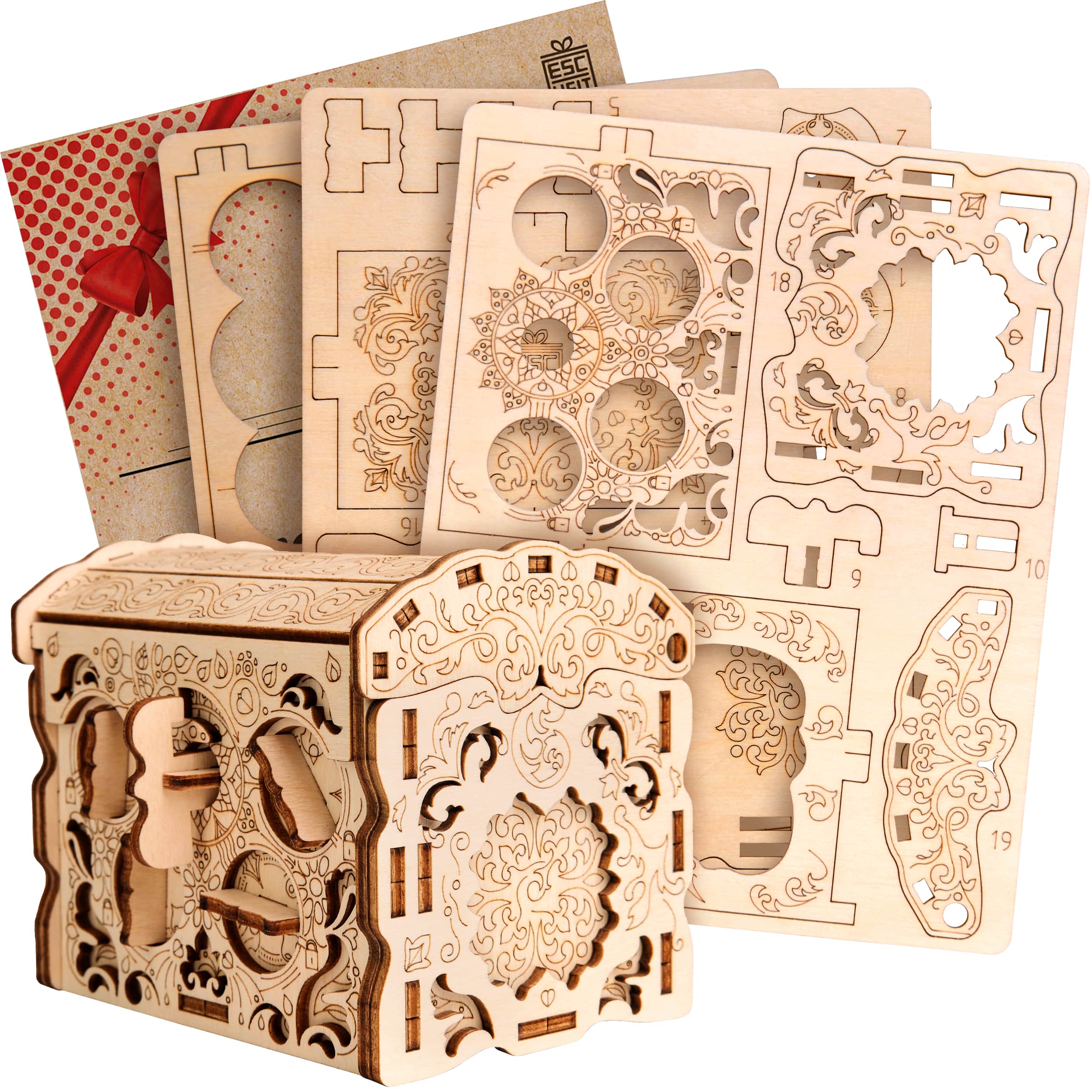 Images and photos of Wooden Secret TREASURE BOX, 3D PUZZLE KIT FOR SELF-ASSEMBLY. ESC WELT.